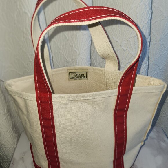 LL Bean Boat & Tote Cream & Red 12" x 10" Made In USA - Picture 1 of 8